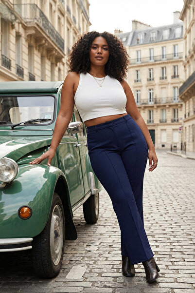 Trendyol Curve Pantaloni cu cusături cu nervuri cu talie înaltă, albastru bleumarin, drept/în jos TBBSS22PL0301