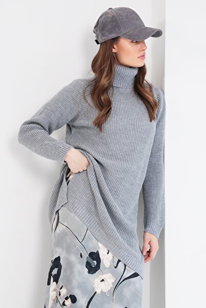 Trend Alaçatı Stili Pulover lung pentru femei, gri, cu gât roșu, Selanik din ...