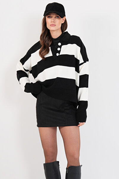 Trend Alaçatı Stili Damen-Pullover in Ecru-Schwarz mit Polokragen und Farbblo...