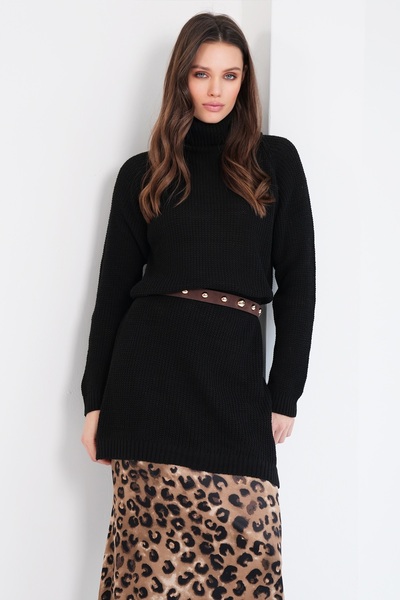 Trend Alaçatı Stili سترة نسائية طويلة محبوكة بياقة عالية سوداء اللون من سيلان...