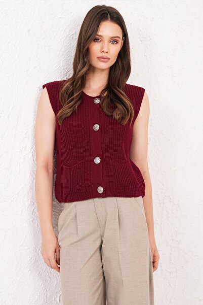 Trend Alaçatı Stili Дамска бордо жилетка с двойни джобове и златни копчета AL...