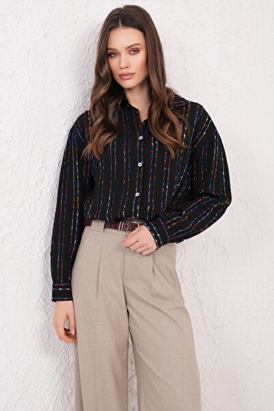 Trend Alaçatı Stili Kadın Siyah Nakışlı Oversize Gömlek ALC-X14780