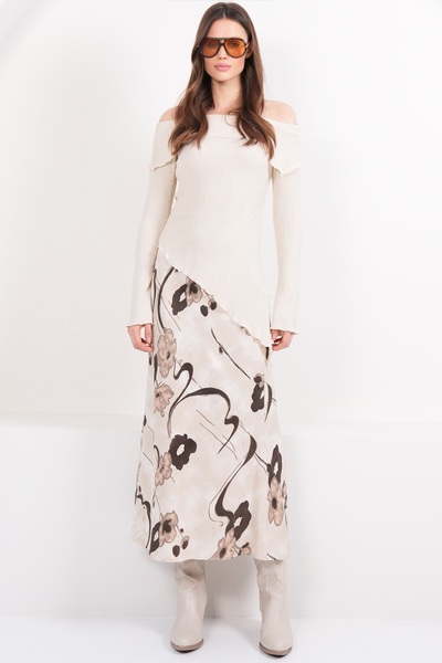 Trend Alaçatı Stili Women's Beige Floral Patterned Zippered Satin Midi Skirt ...