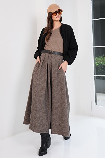 Trend Alaçatı Stili Fusta de damă cu model de cafea cu lapte și picior de gal...