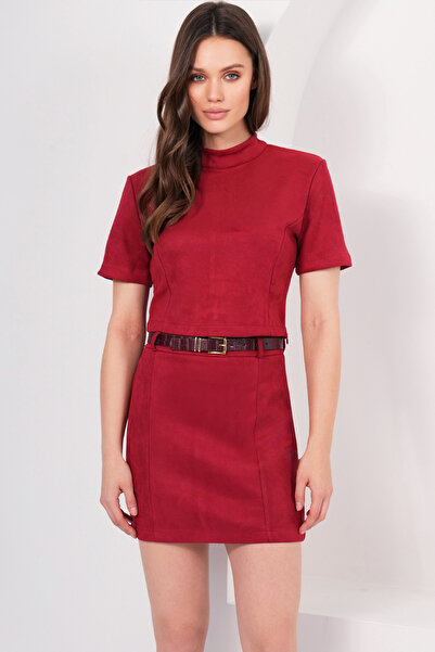 Trend Alaçatı Stili Women's Burgundy Mock Neck Stitch Detail Short Sleeve Sue...