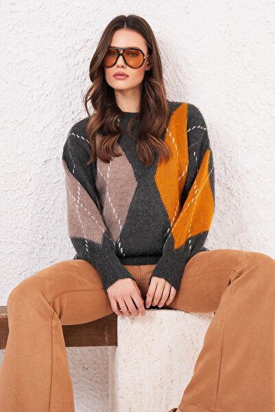 Trend Alaçatı Stili Pulover de damă antracit guler rotund cu model supradimen...