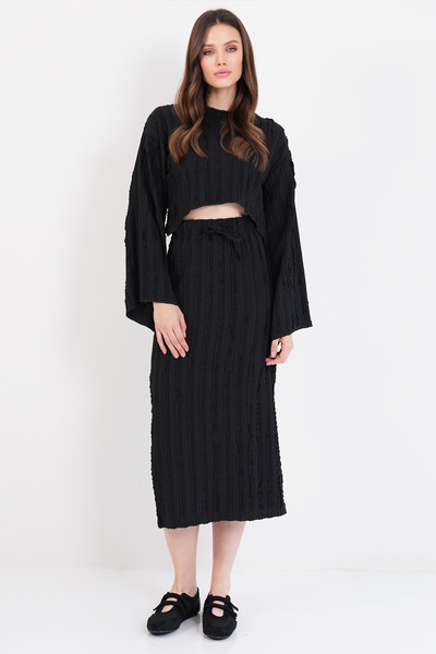 Trend Alaçatı Stili Women's Black Stitching Detailed Asymmetrical Cut Blouse and Skirt Set Alc-X14808