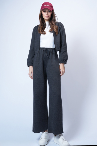 Trend Alaçatı Stili Kadın Antrasit Dik Yaka Örme Fermuarlı Sweat Ceket Ve Pantolon Takım Alc-X14384