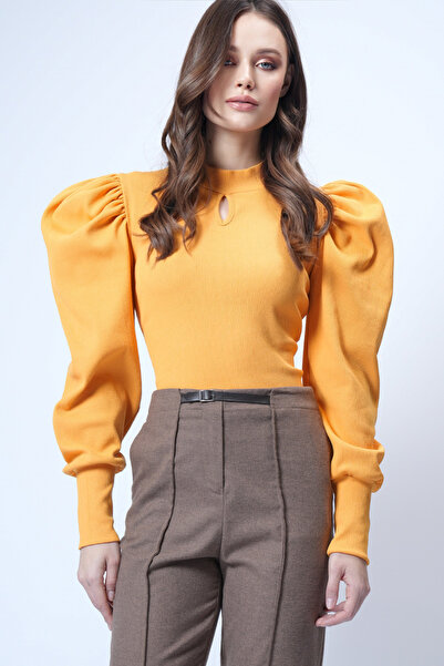 Trend Alaçatı Stili Women's Mustard Yellow Crew Neck Drop Shoulder Princess S...