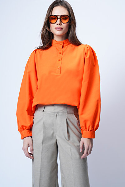 Trend Alaçatı Stili Women's Orange Judge Collar Half Placket Balloon Sleeve P...
