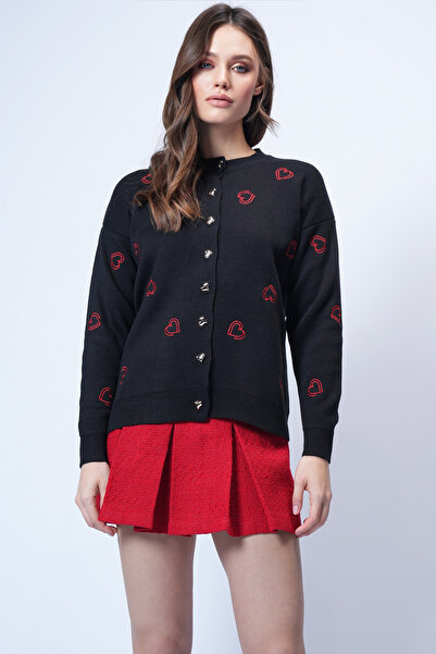 Trend Alaçatı Stili Women's Black Crew Neck Heart Embroidered Knit Cardigan A...