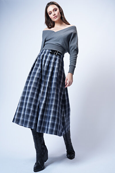 Trend Alaçatı Stili Marineblauer Faltenrock in Midi-Länge mit Gürtelschnalle ...