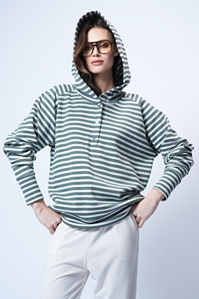 Trend Alaçatı Stili Women's Ecru Green Hooded Snap Closure Oversized Sweatshi...