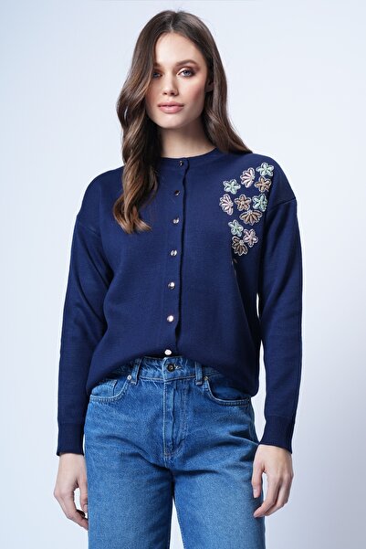 Trend Alaçatı Stili Women's Navy Blue Embroidered Knit Cardigan Alc-X14755
