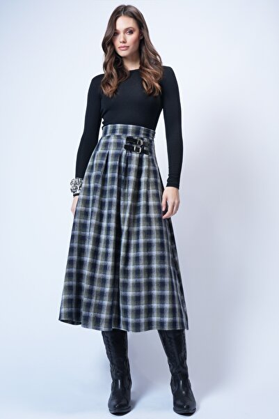 Trend Alaçatı Stili Fusta midi plisată cu fermoar cu cataramă verde pentru fe...