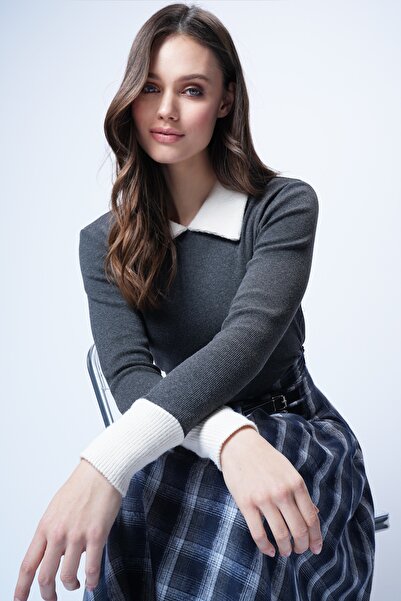 Trend Alaçatı Stili Women's Anthracite Shirt Collar Color Block Ribbed Knit B...