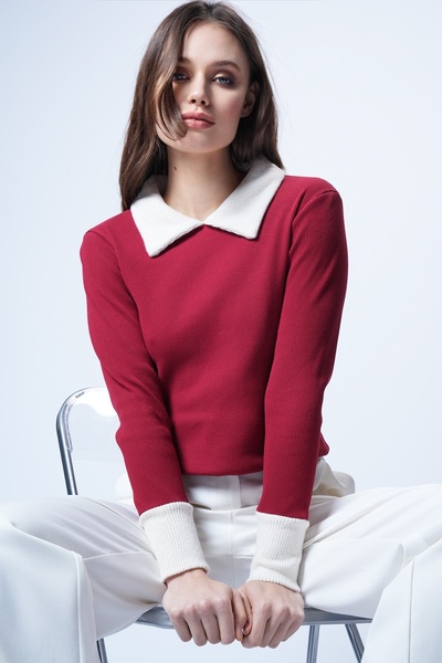 Trend Alaçatı Stili Γυναικείο μπλουζάκι με γιακά μπορντό αντίθεση χρωμάτων πλ...