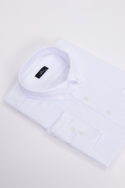 Tudors Cămașă solidă pentru bărbați, cu mânecă lungă, guler cu nasturi, din b...