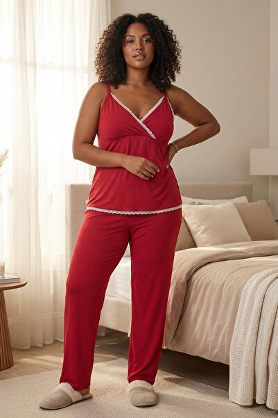 Trendyol Curve Fliese V-Ausschnitt Spitze Viskose gestricktes Pyjama-Set TBBS...