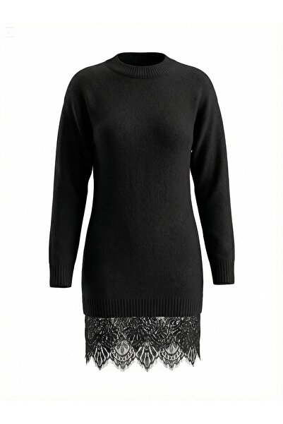 Trendyol Collection Rochie neagră cu textura moale guler rotund dantelă cu secțiuni tricotaje TWOAW26KZ00298