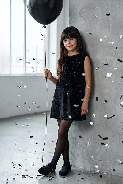 TRENDYOLKIDS Black Glitter Shiny Maxi Textured Knitted Christmas Girl's Dress Tkdaw26El00011