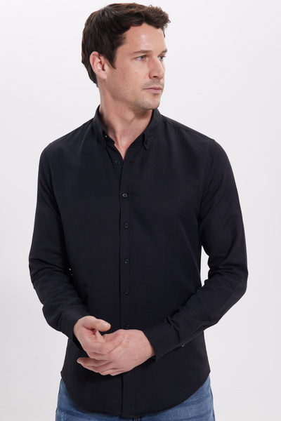 Tudors Erkek Slim Fit Dar Kesim Uzun Kollu Pamuklu Oxford Doku Kolay Ütü Siya...