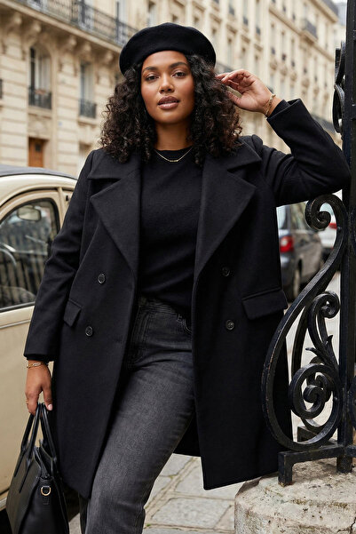 Trendyol Curve Black Double-Breasted Closed Cashmere Coat Twoaw26Dd00020