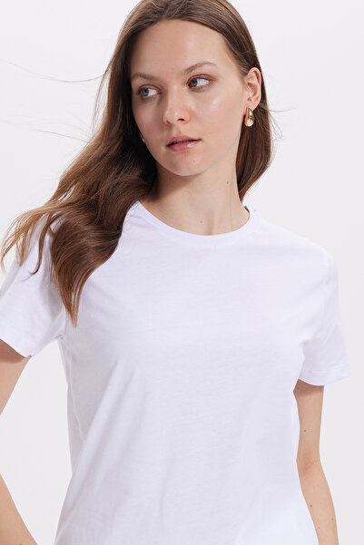 Tudors Tricou alb pentru femei Relax Fit, cu mânecă scurtă, cu decolteu rotund