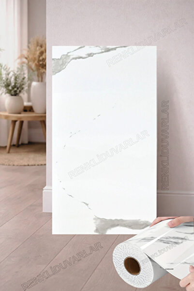 Renkli Duvarlar Shiny 30x60 cm Beden Seçenekli Parlak Beyaz Mermer Desenli Yapışkanlı Duvar Paneli Kağıdı Kaplama