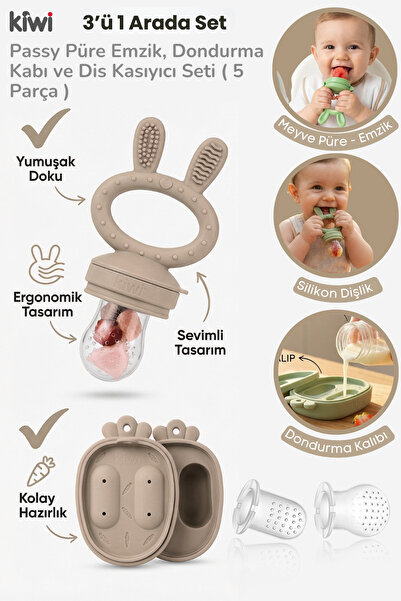 Kiwi Passy Püre Emzik ve Diş Kaşıyıcı Bebek Meyve Süzgeci+Buz Kalıbı - Bej