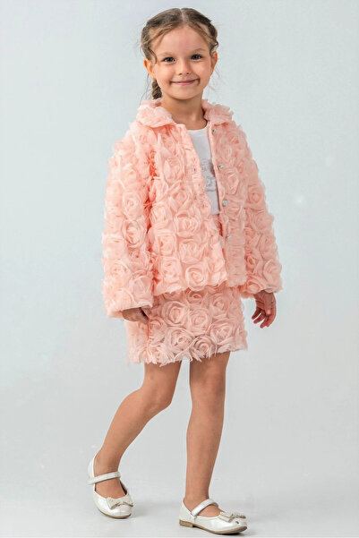 LUCEVERA Kız Çocuk 3’lü Özel Gün Takımı ( Ceket + Tişört + Etek ) - Çiçek Dokulu, Şık ve Kaliteli | 2-5 Yaş