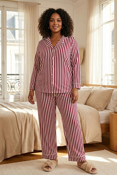Trendyol Curve Burgundy Stripe Patterned Piping Inside Fleece Shirt-Pants Knitted Pajamas Set Tbbaw25Ai00028