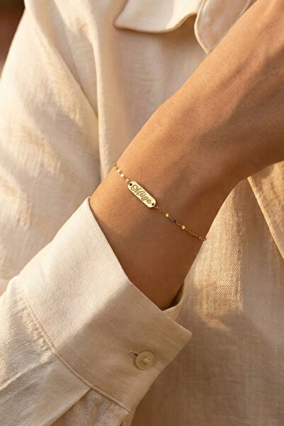 Fiyonk Kuyumculuk 14 Ayar Altın Aynalı Zincirli Plaka Bileklik İsim ve Tarih Yazılabilir Özelleştirilebilir Hediyelik