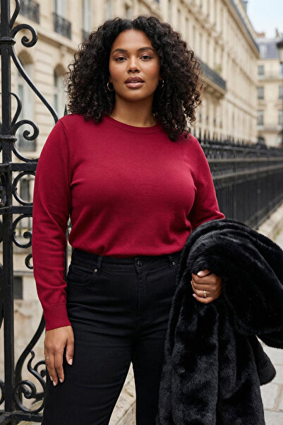 Trendyol Curve Wardrobe Essentials Burgundy Mercerized Look Thin Basic Knitwear Sweater Tbbaw26An00078