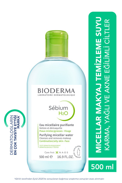 Bioderma Sebium H2O Karma, Yağlı ve Akne Eğilimli Ciltler için Micellar Makyaj Temizleme Suyu 500 ml