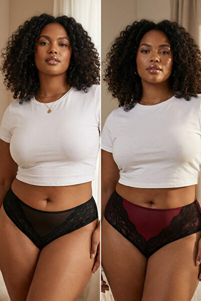 Trendyol Curve Chiloți brazilian sexy de mărime mare, negru-cireș, cu dantelă cu fundă, pachet de 2 TBBAW26CM00002