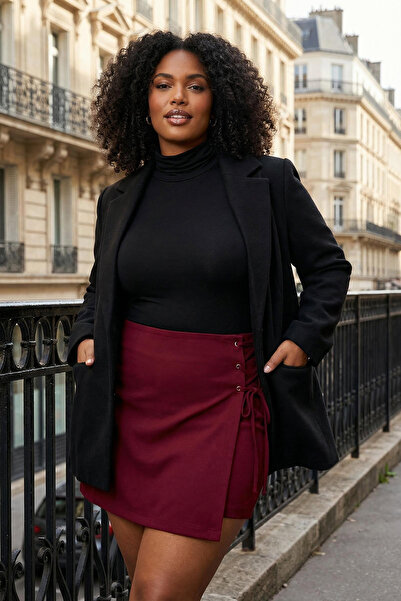 Trendyol Curve Burgundy Woven Lace Detailed Mini Plus Size Shorts Skirt Tbbss22Ap00001