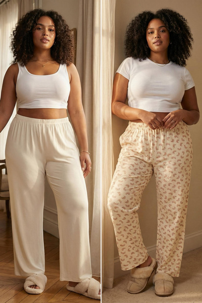 Trendyol Curve Beige-Mehrfarbiges 2er-Pack Pyjamahose aus Viskose mit Croissant-Muster