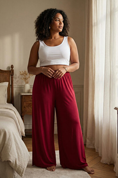 Trendyol Curve Burgunderfarbener, dünner Pyjamahose aus Viskose-Strick TBBAW26IA00001