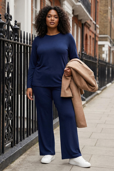 Trendyol Curve Wardrobe Essentials Navy Blue Fitted/Fitted to the Body Corded Fabric Flexible Knitted Bottom-Top Set Tbbaw26Cp00010