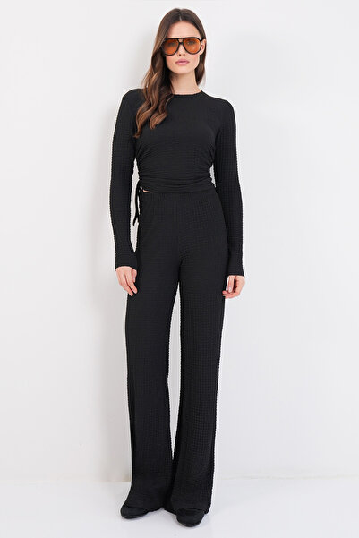 Trend Alaçatı Stili Women's Black Seersucker Fabric Gathered Side Blouse and ...