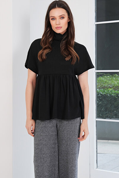 Trend Alaçatı Stili Women's Black Turtleneck Draped Half Sleeve Knit Blouse A...