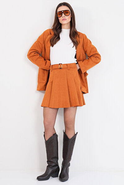 Trend Alaçatı Stili Fusta de damă din piele artificială de căprioară cu detal...