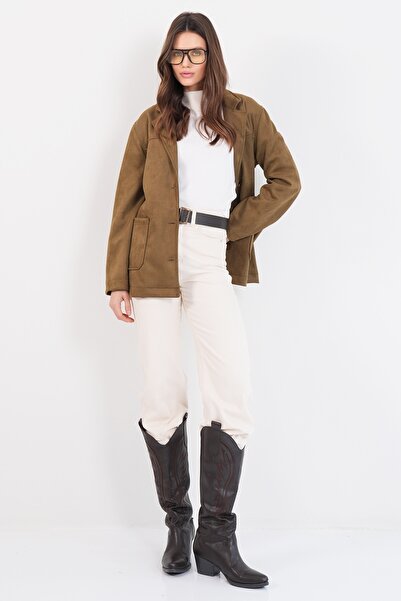 Trend Alaçatı Stili سترة نسائية من الجلد السويدي بجيبين وحزام خصر باللون الكا...