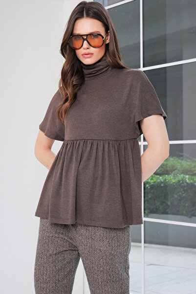 Trend Alaçatı Stili Women's Brown Turtleneck Flowy Half Sleeve Knit Blouse Al...