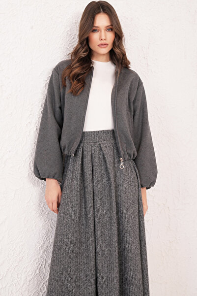 Trend Alaçatı Stili Γυναικείο γκρι μπουφάν με διπλή τσέπη με ελαστική μέση AL...