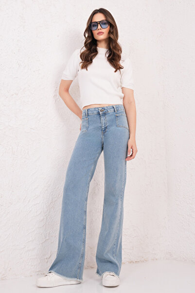 Trend Alaçatı Stili Pantaloni Palazzo Jean cu buzunar albastru pentru femei A...