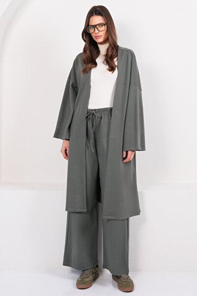 Trend Alaçatı Stili Khakifarbener Damen-Anzug mit langem Kimono mit niedrigen...