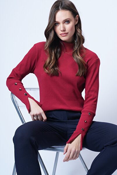 Trend Alaçatı Stili Bluză de damă bordeaux cu gât roșu și mâneci cu fante, cu...