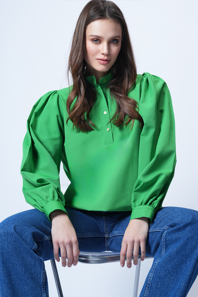 Trend Alaçatı Stili Women's Vibrant Green High Neck Half Placket Balloon Slee...